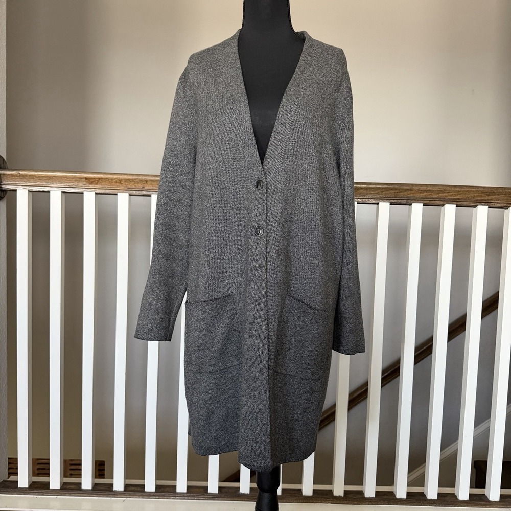 J Jill Long Tweed‎ Knit Sweater Cardigan Duster Gray Dark Academia Grandpa Sz LP